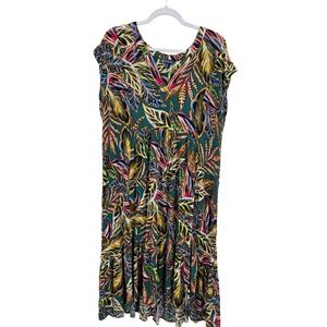 Democracy XL Midi Dress Green Multicolor Tropical Leaf Print Casual Boho‎ flowy